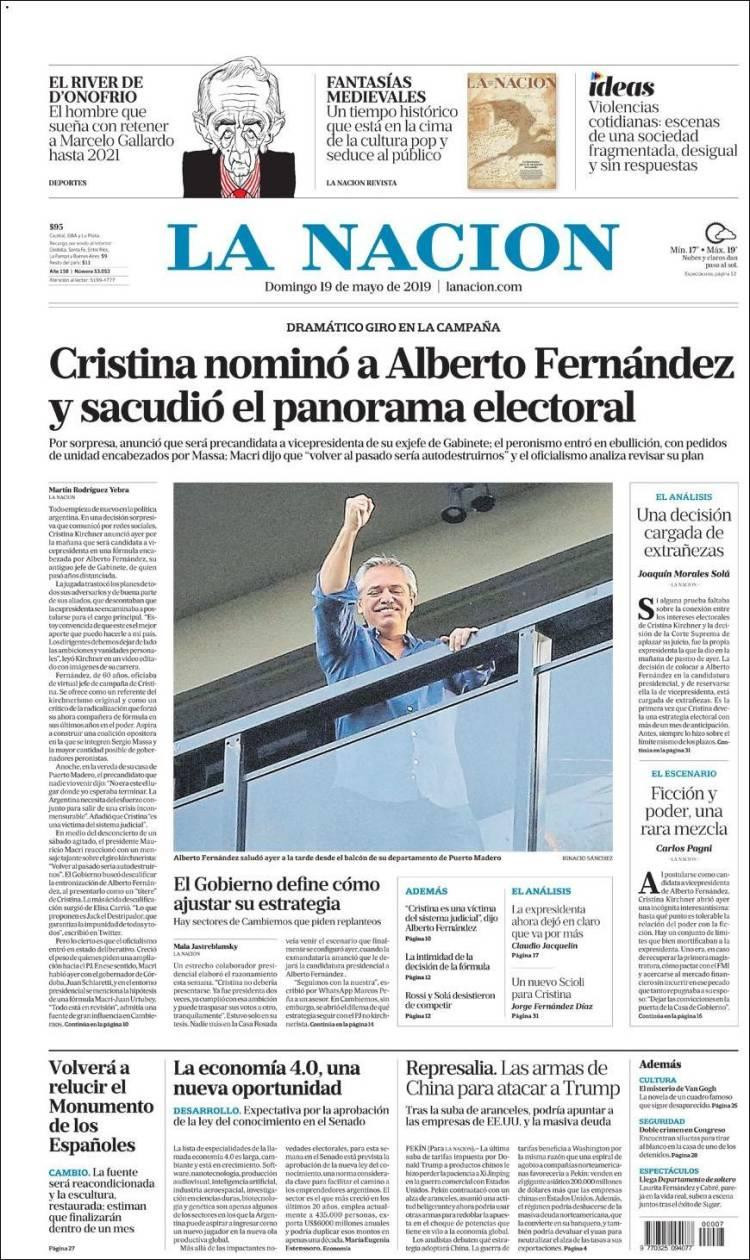 Tapas de diarios - La Nación domingo 19-05-19