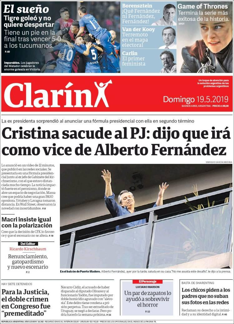 Tapas de diarios - Clarín domingo 19-05-19