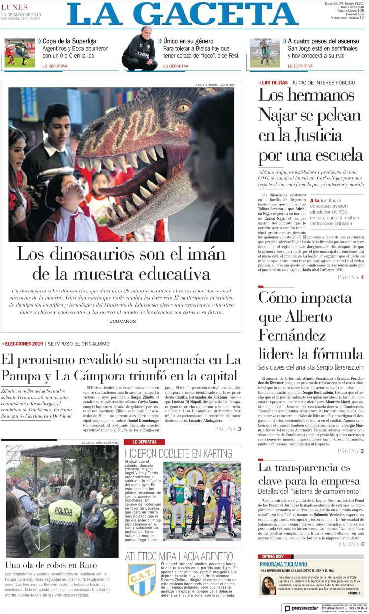 Tapas de diarios - La Gaceta lunes 20-05-19