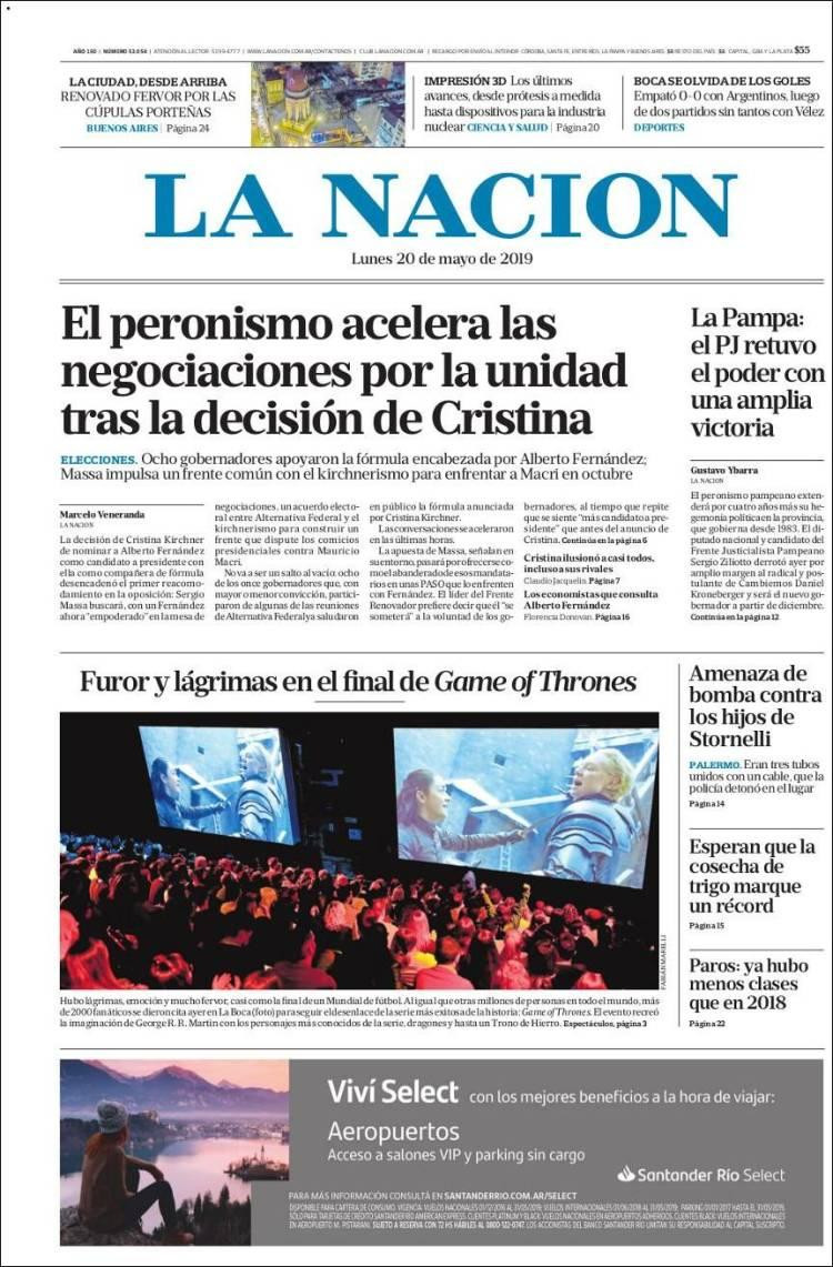 Tapas de diarios - lunes La Nación 20-05-19