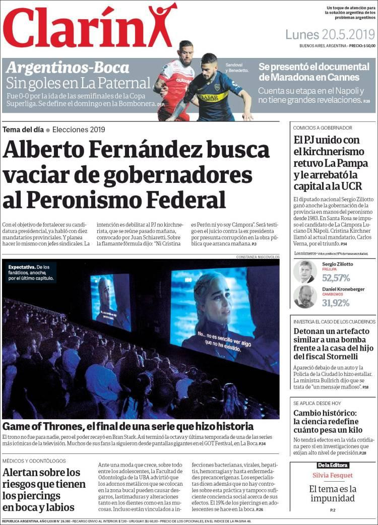 Tapas de diarios - Clarín lunes 20-05-19