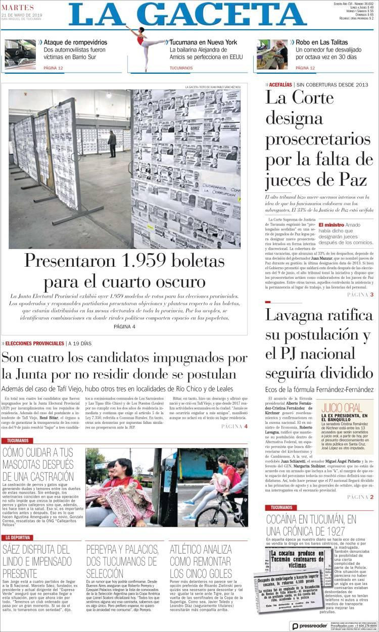 Tapas de diarios - La Gaceta martes 21-05-19