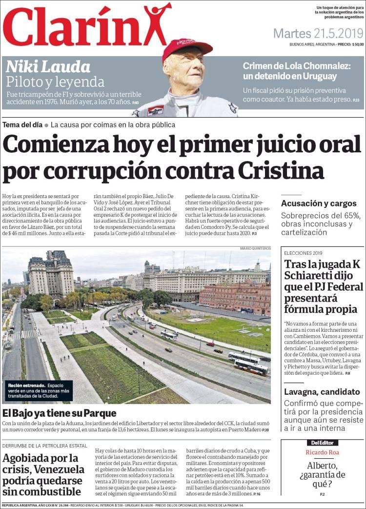 Tapas de diarios - Clarín martes 21-05-19