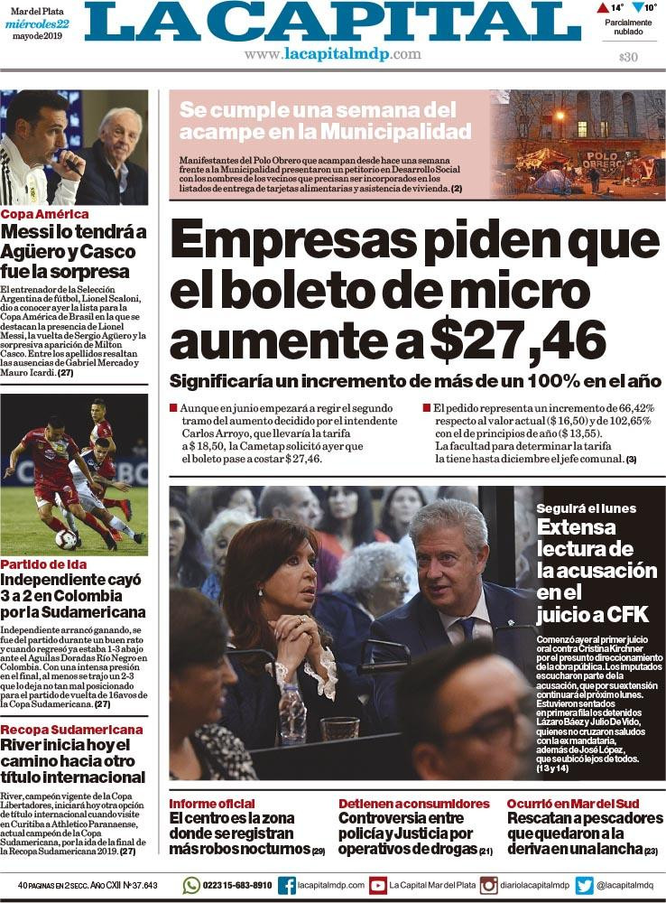 Tapas de diarios - La Capital Mar del Plata miércoles 22-05-19