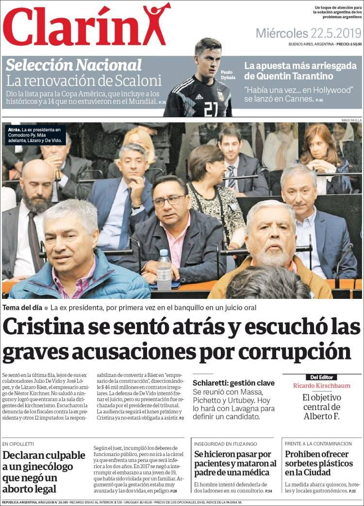 Tapas de diarios - Clarín miércoles 22-05-19