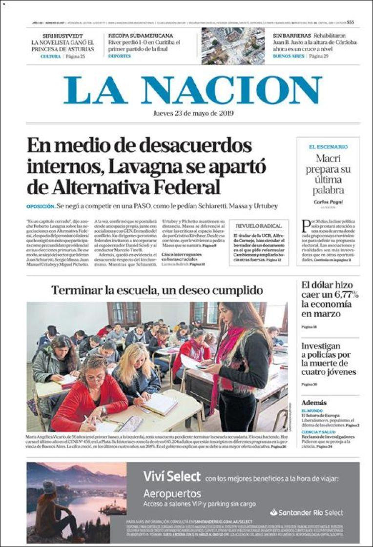 Tapas de diarios - La Nación Jueves 23-05-19