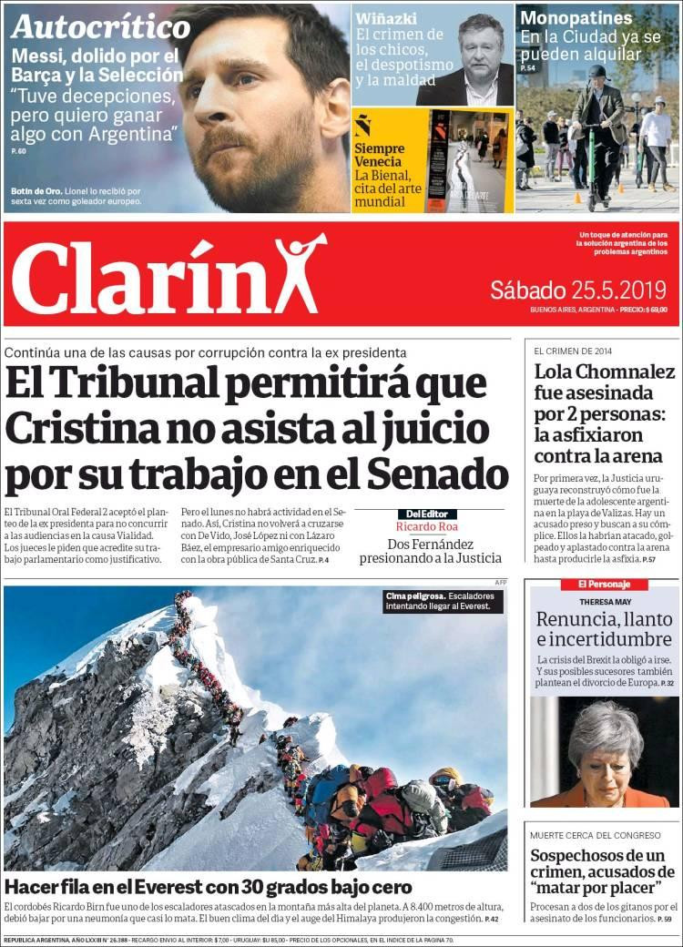 Tapas de diarios - Clarín sábado 25-05-19