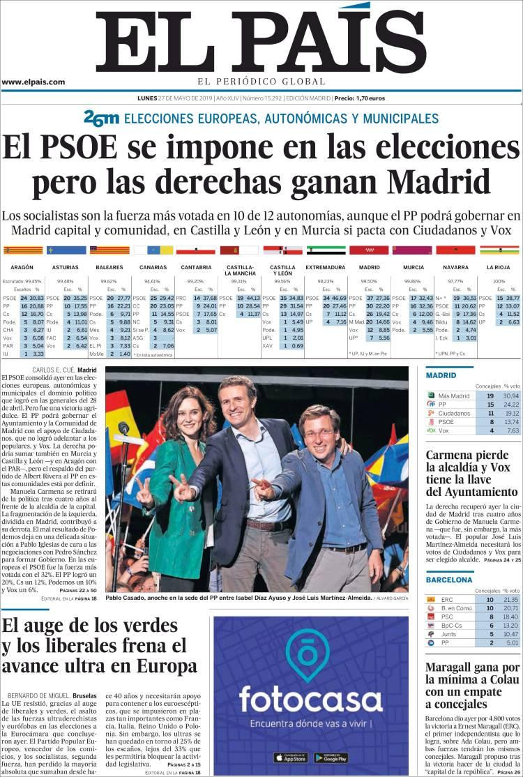 Tapas de diarios - El País lunes 27-05-19