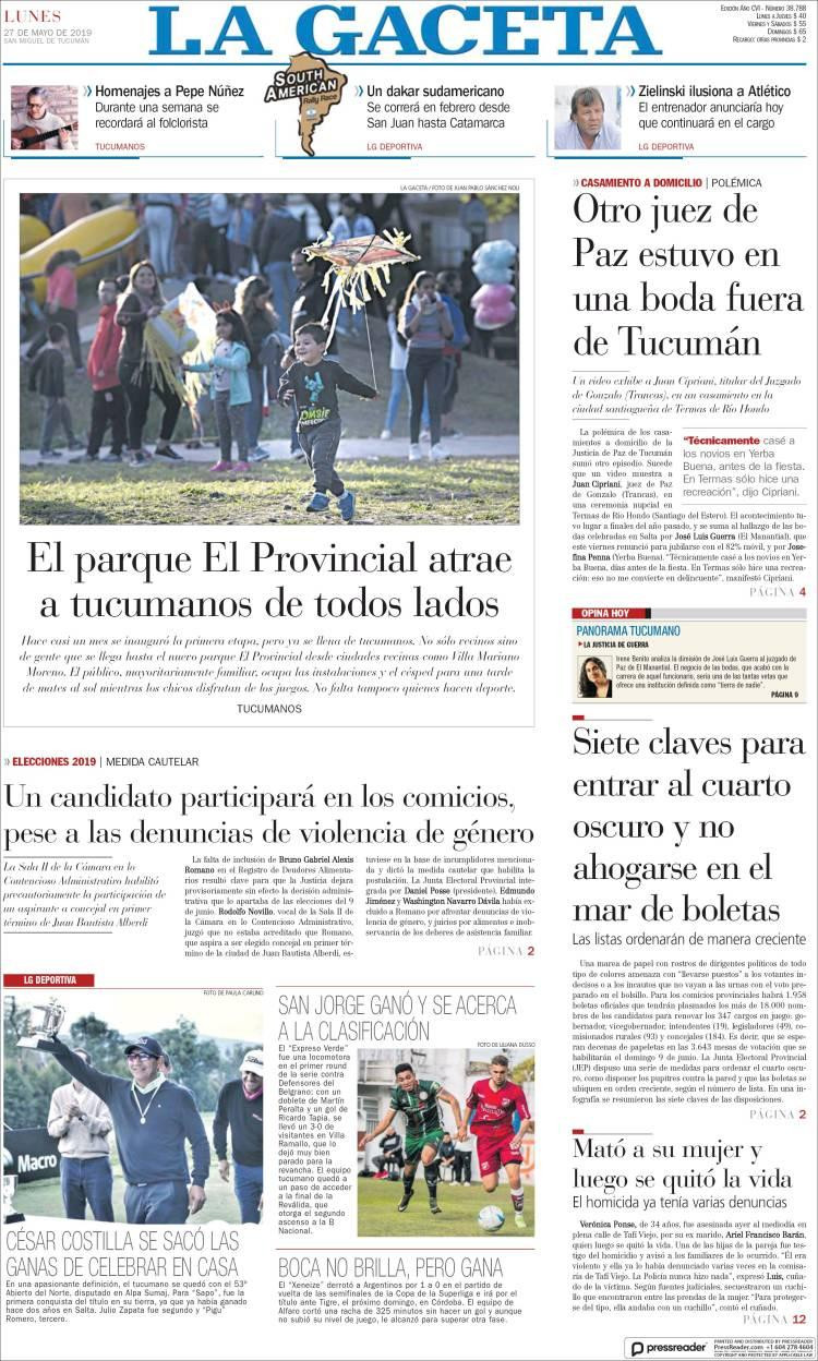 Tapas de diarios -La Gaceta lunes 27-05-19