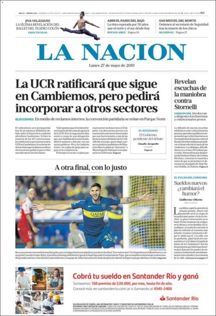Tapas de diarios -La Nación lunes 27-05-19