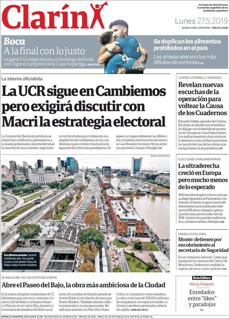 Tapas de diarios - Clarín lunes 27-05-19