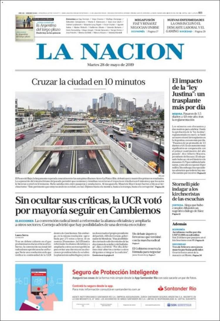 Tapas de diarios La Nación martes 28-05-19