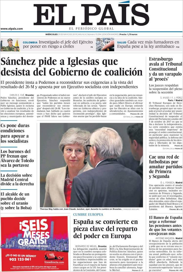 Tapas de Diarios - El País España - Miércoles 29-5-19