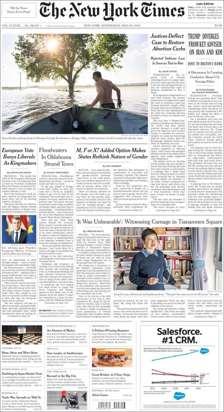 Tapas de Diarios - New York Times - Miércoles 29-5-19