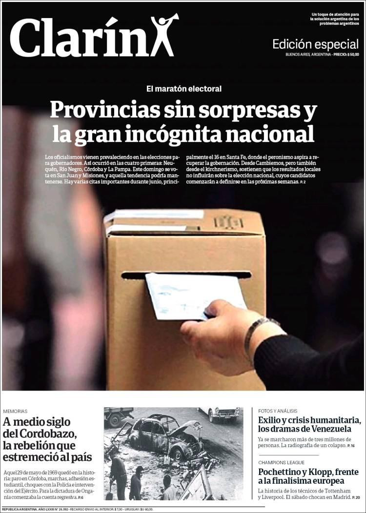 Tapas de Diarios - Clarín - Miércoles 29-5-19