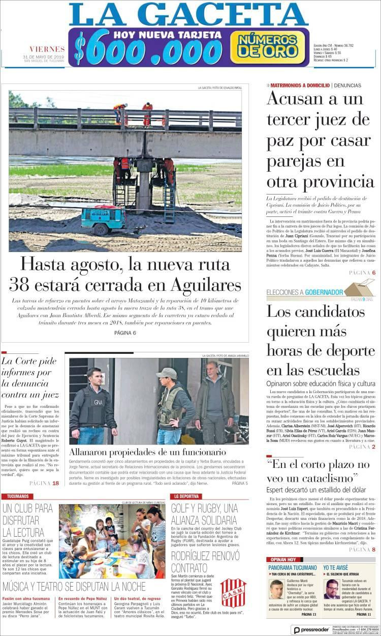 Tapas de diarios - La Gaceta viernes 31-05-19