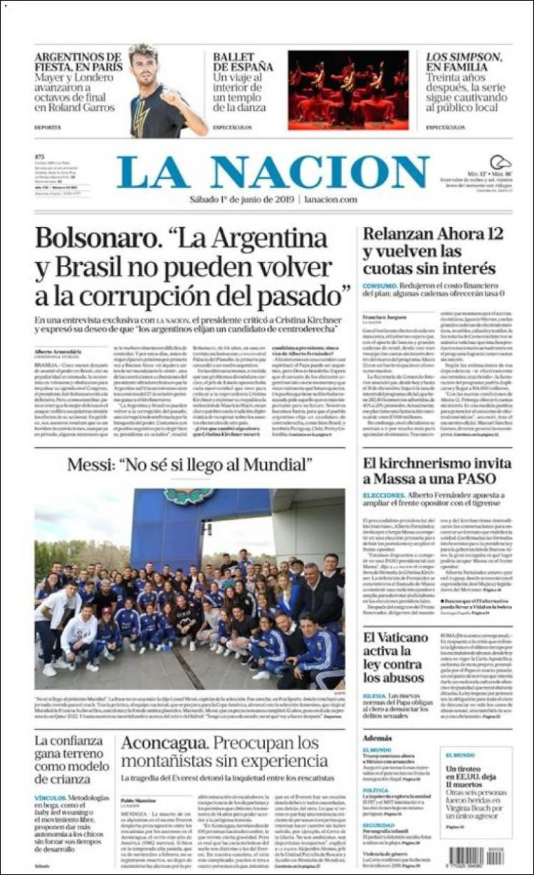 Tapas de diarios - La Nación sábado 1-06-19