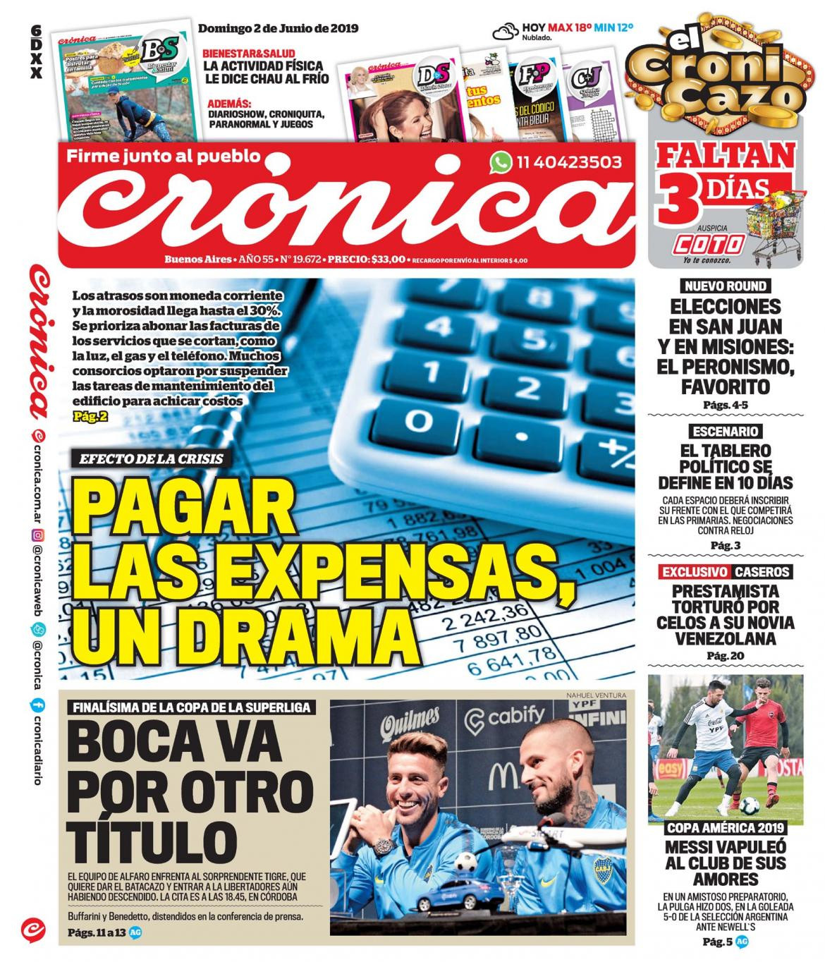 Tapas de diarios - Diario Crónica 02 de junio de 2019