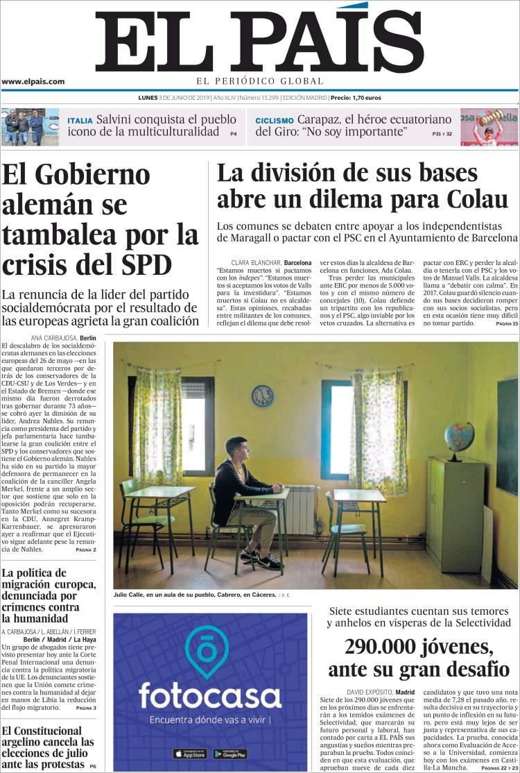 Tapas de diarios - El País 3 de junio de 2019