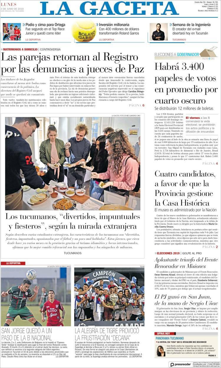 Tapas de diarios - La Gaceta 3 de junio de 2019
