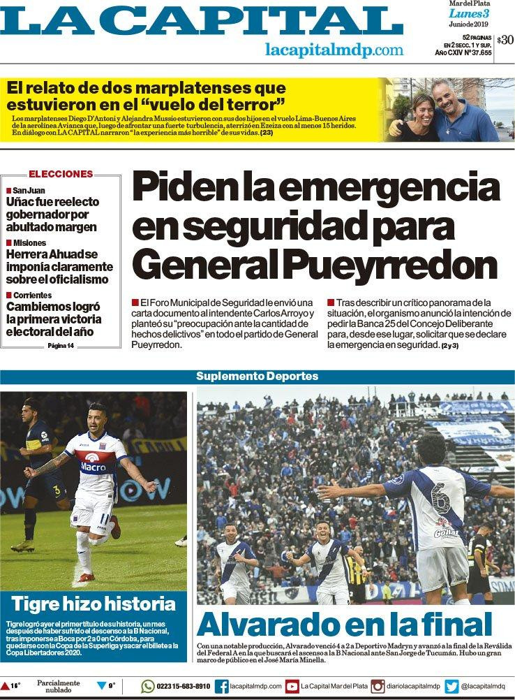 Tapas de diarios - La Capital Mar del Plata 3 de junio de 2019