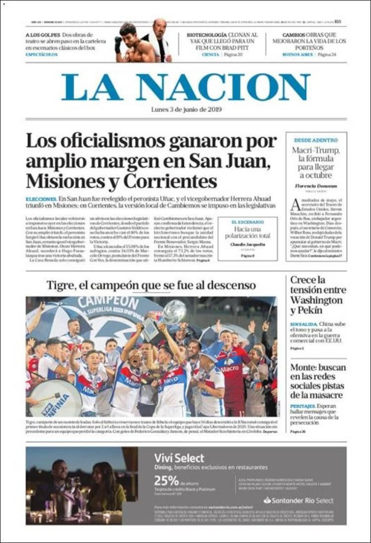 Tapas de diarios - La Nación 3 de junio de 2019