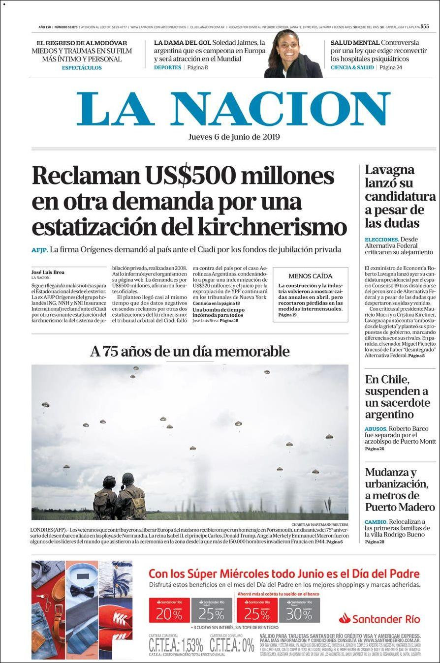 Tapas de diarios - La Nación jueves 06-06-19