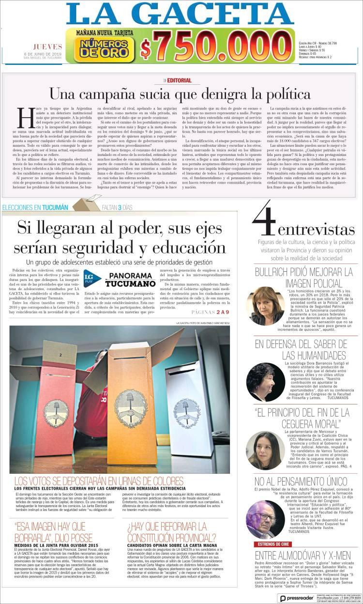 Tapas de diarios - La Gacet jueves 06-06-19