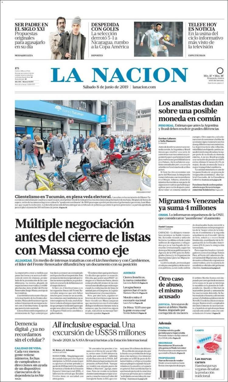 Tapas de diarios - La Nación sábado 8-06-19
