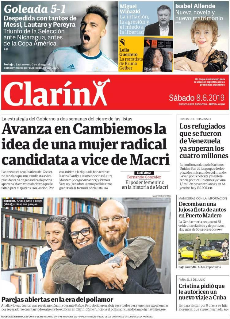 Tapas de diarios - Clarín sábado 8-06-19