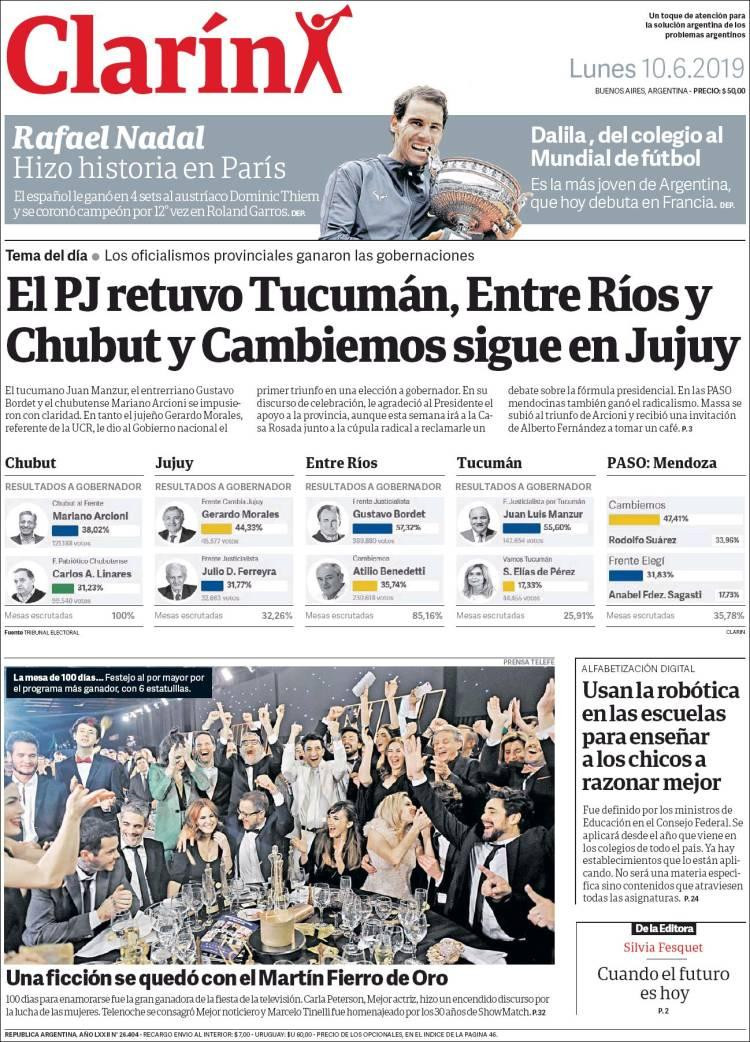Tapas de diarios - Clarín lunes 10-06-19