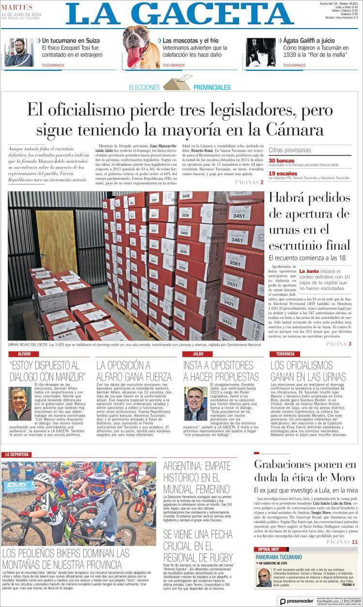 Tapas de Diarios - La Gaceta - Martes 11-6-19