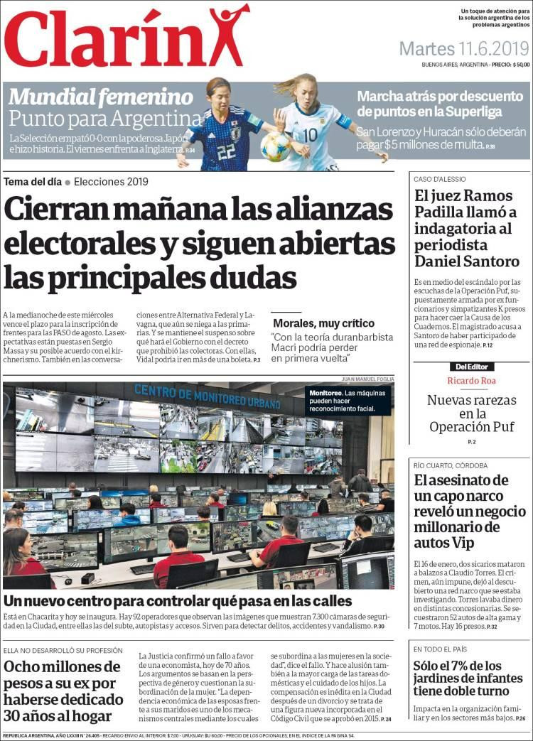 Tapas de Diarios - Clarín - Martes 11-6-19