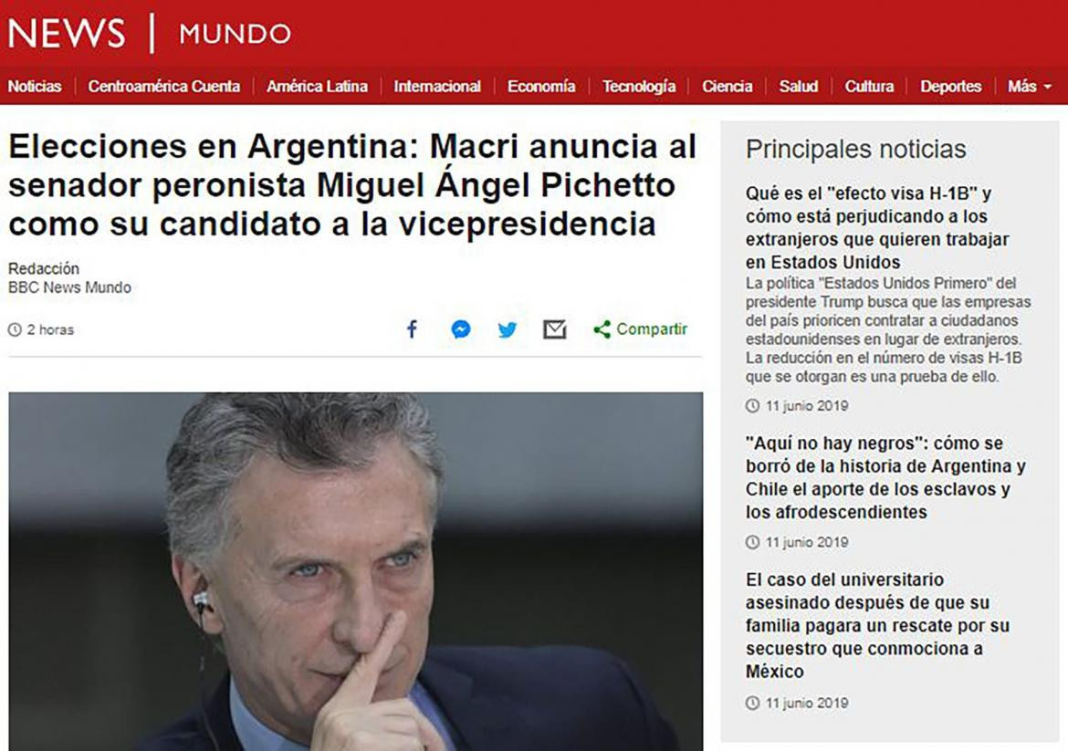 Reaccion de medios internacionales tras anuncio de Pichetto candidato a vice - Diarios