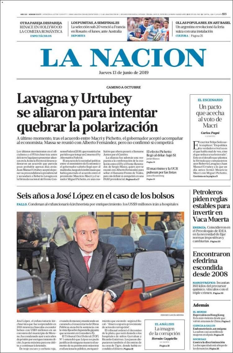 Tapas de Diarios - La Nación jueves 13-6-19