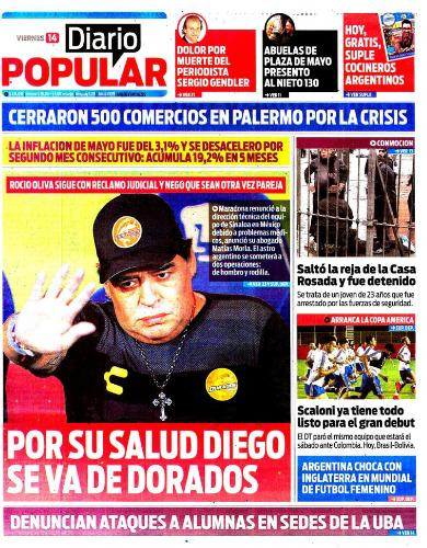 Tapas de Diarios - Diario Popular viernes 14-6-19