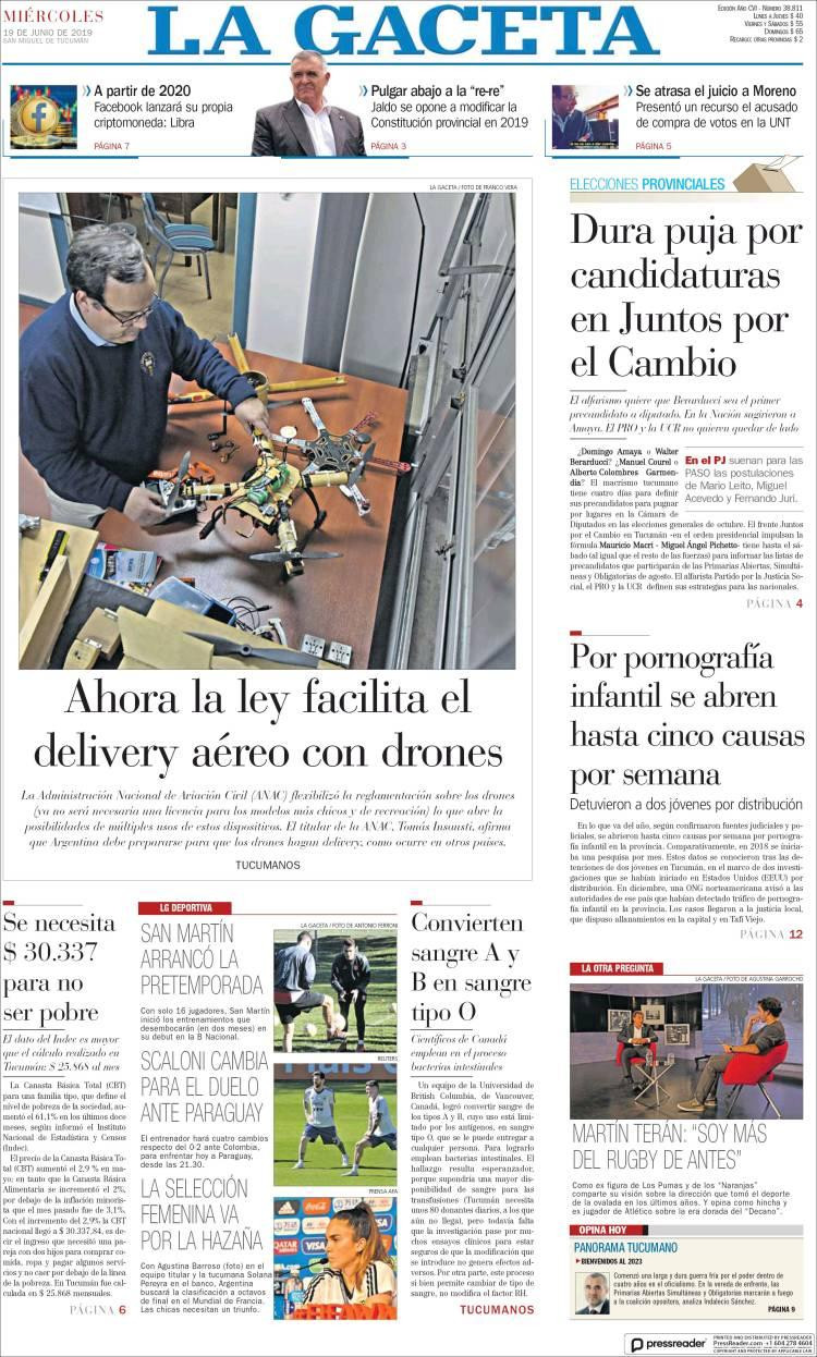 Tapas de diarios - La Gaceta miércoles 19-06-19