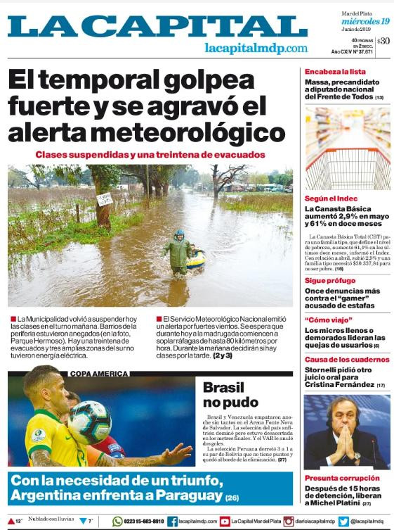 Tapas de diarios - La Capital de Mar del Plata 19-06-19