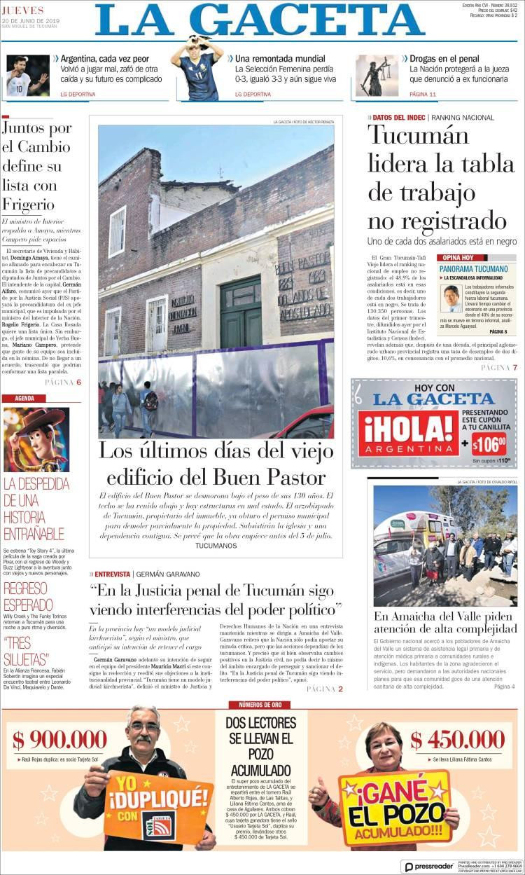 Tapas de diarios - La Gaceta jueves 20-06-19