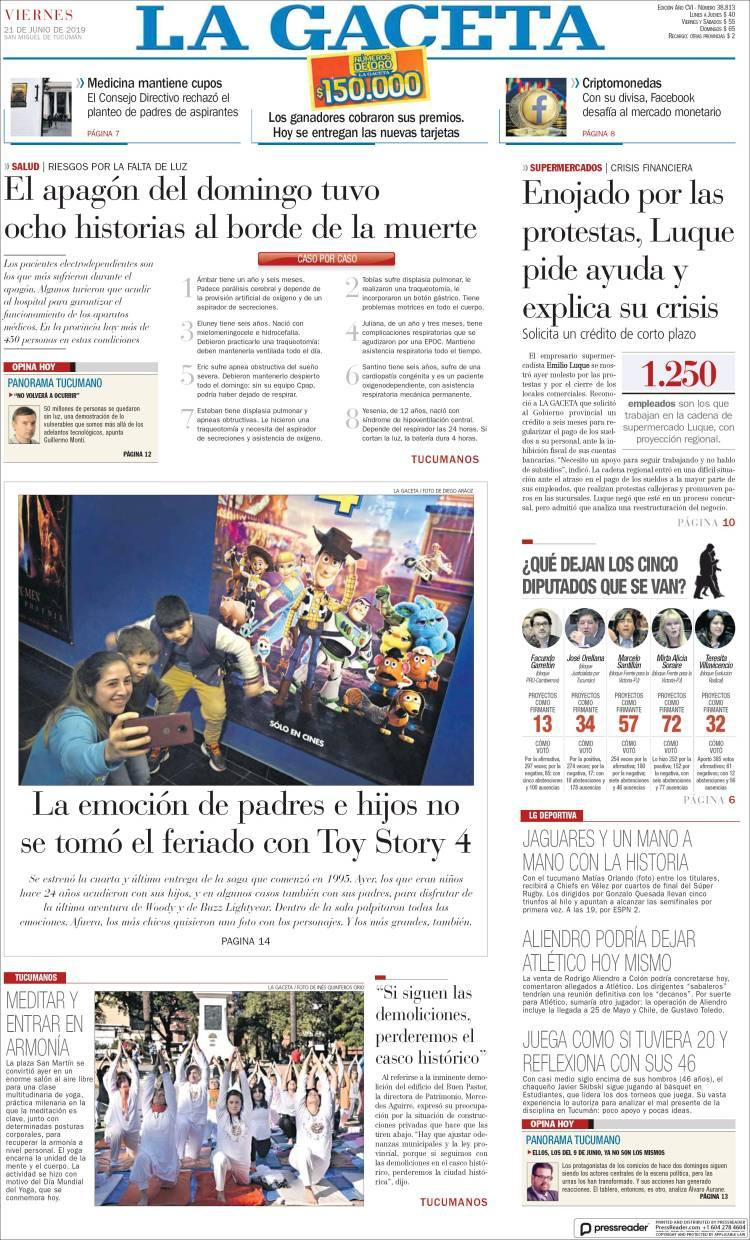 Tapas de diarios - La Gaceta viernes 21-06-19