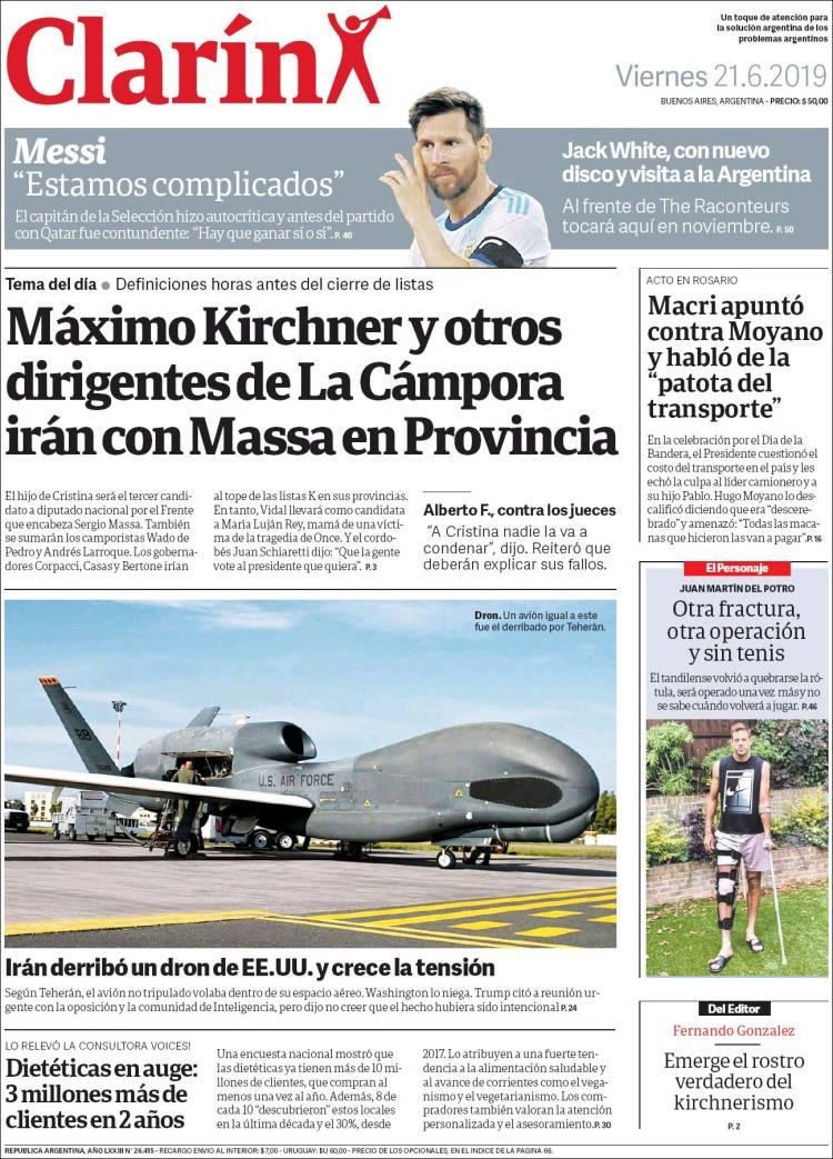 Tapas de diarios - Clarín viernes 21-06-19