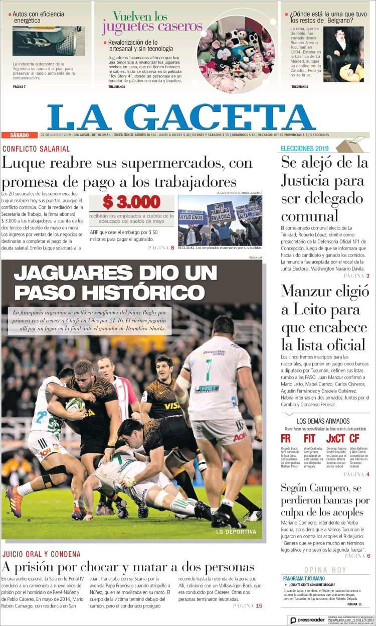 Tapas de Diarios - La Gaceta - Sábado 22-6-19