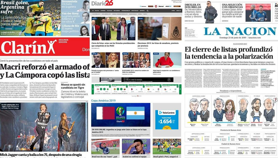 Tapas de diarios argentinos domingo 23-6-19