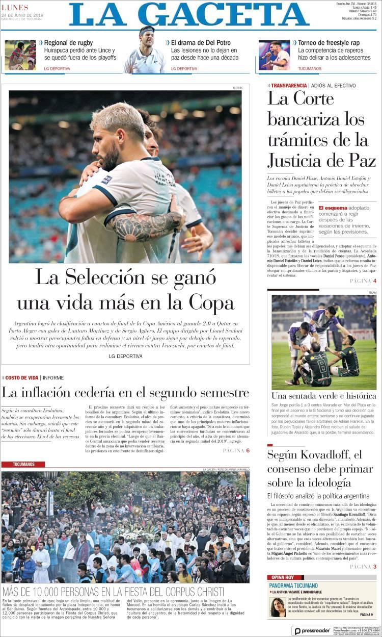 Tapas de diarios, La Gaceta de Tucumán, lunes 24-6-19	