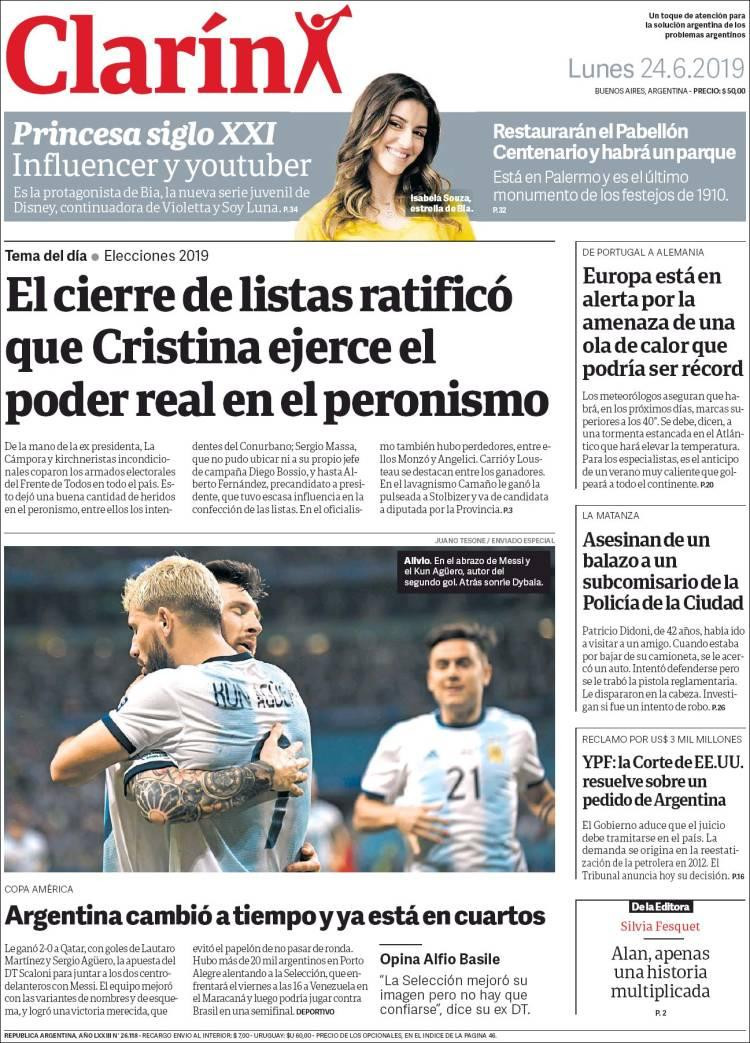 Tapas de diarios, Clarín, 24 de junio de 2019	