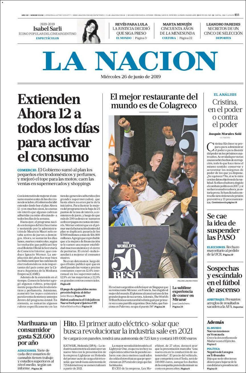Tapas de Diarios - La Nación miercoles 26-06-19