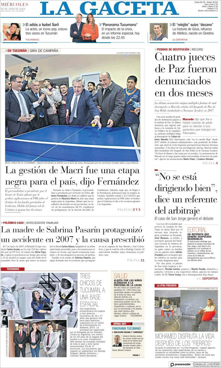 Tapas de Diarios - La Gaceta miercoles 26-06-19