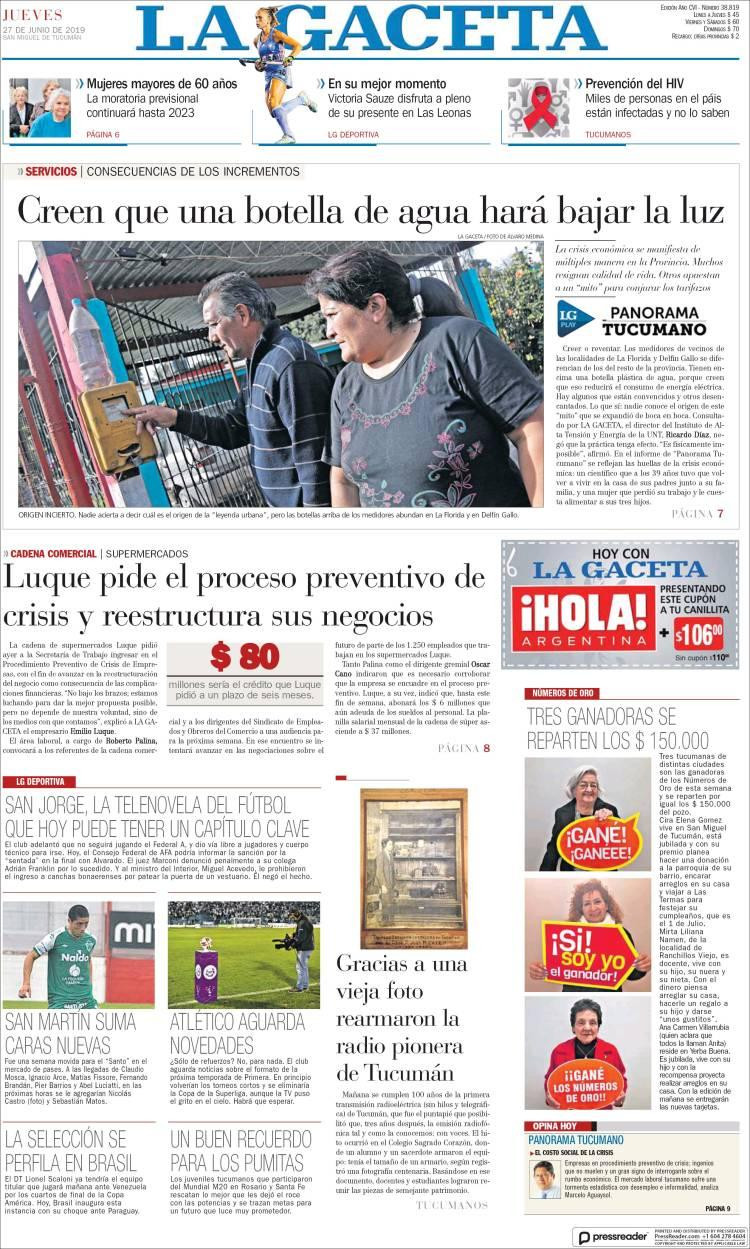 Tapas de diarios -La Gaceta jueves 27-06-19 