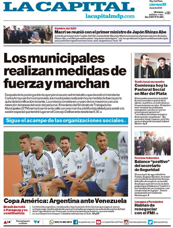 Tapas de diarios - La Capital de Mar del Plata 28-06-19
