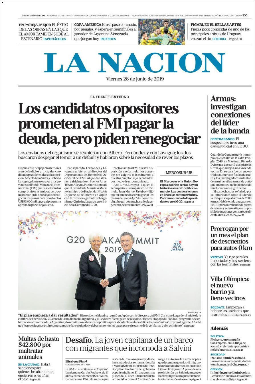 Tapas de diarios - La Nación viernes 28-06-19